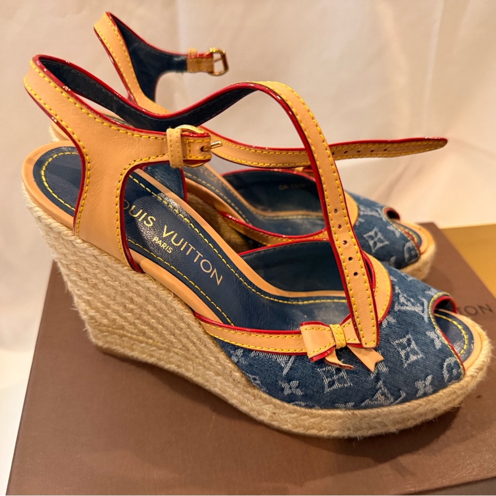 Louis Vuitton Denim and Tan Wedge Sandals